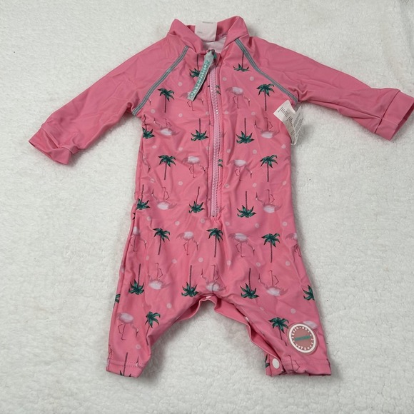 Bonverano Other - Bonverano UV Sun Suit Baby Girls 6-9M Pink Flamingo Palm Rashguard One Piece Hat